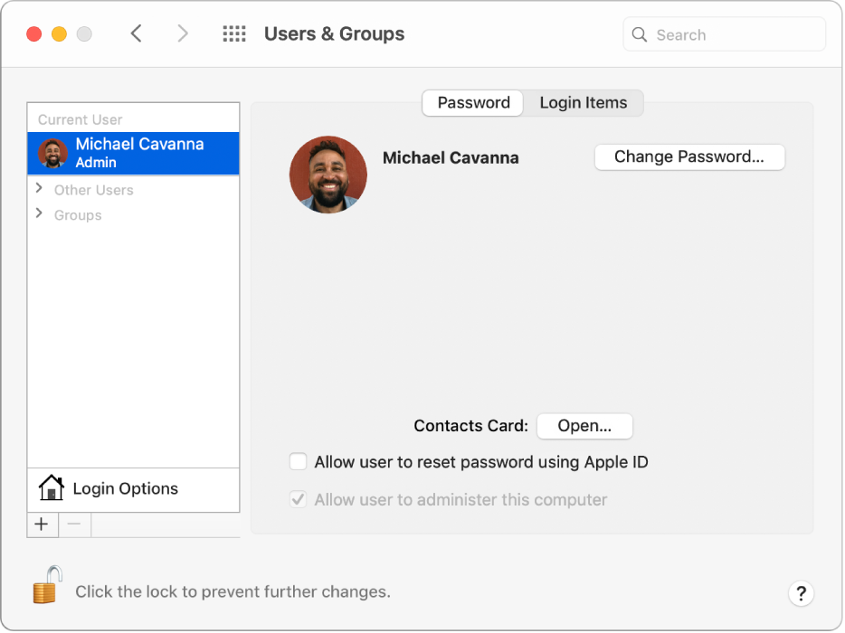 Users & Groups preferences for a selected user. At the top of the pane are the Password and Login Items tabs. Below that is the user name and the Change Password button. At the bottom is an Open button for opening the user’s Contacts card, an option that allows you to reset your password using your Apple ID and an option that allows you to administer the computer.