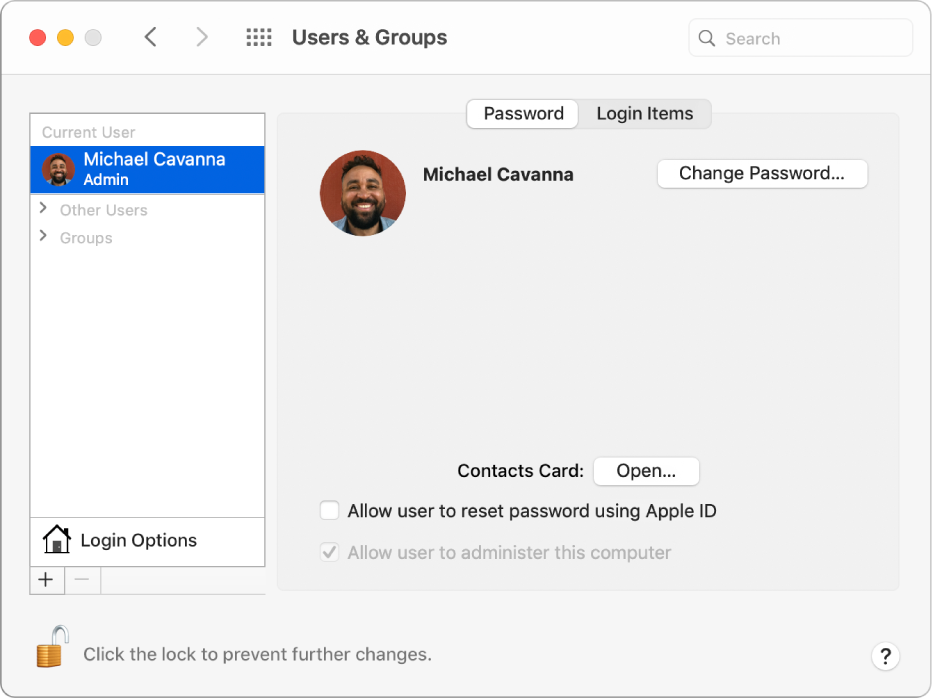 Users & Groups preferences for a selected user. At the top of the pane are the Password and Login Items tabs. Below that is the user name and the Change Password button. At the bottom is an Open button for opening the user’s Contacts card. Options also appear to allow the user to reset a password using their Apple ID and to allow the user to be an administrator of this computer.