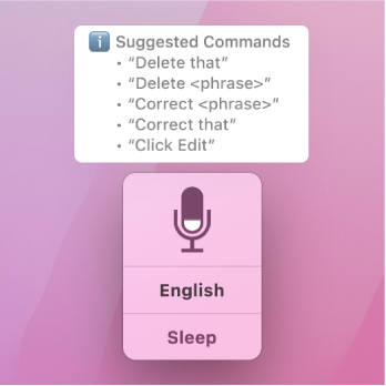 The Voice Control feedback window with suggested text commands, such as “Delete that” or “Click Edit”, displayed above it.