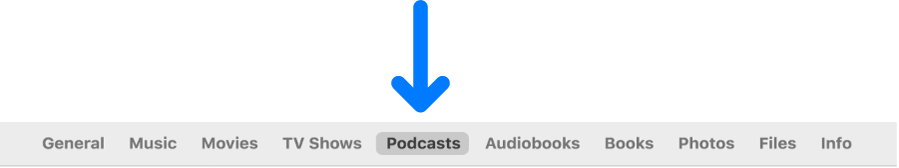The button bar showing Podcasts selected.