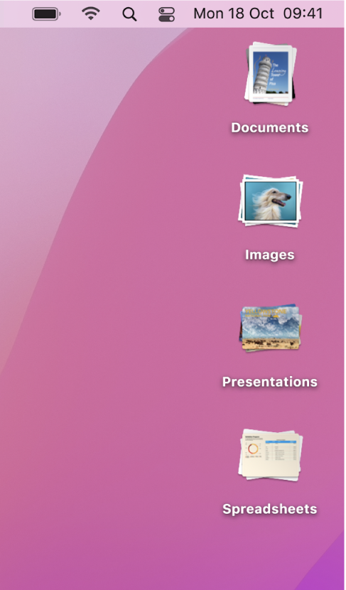 A Mac desktop with four stacks — for documents, images, presentations and spreadsheets — along the right edge of the screen.