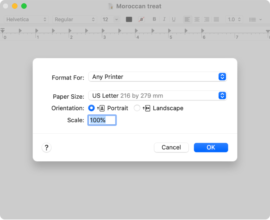 The default printing options showing the print options pop-up menu and the Scale option with a percentage box for specifying the desired scale for printing.