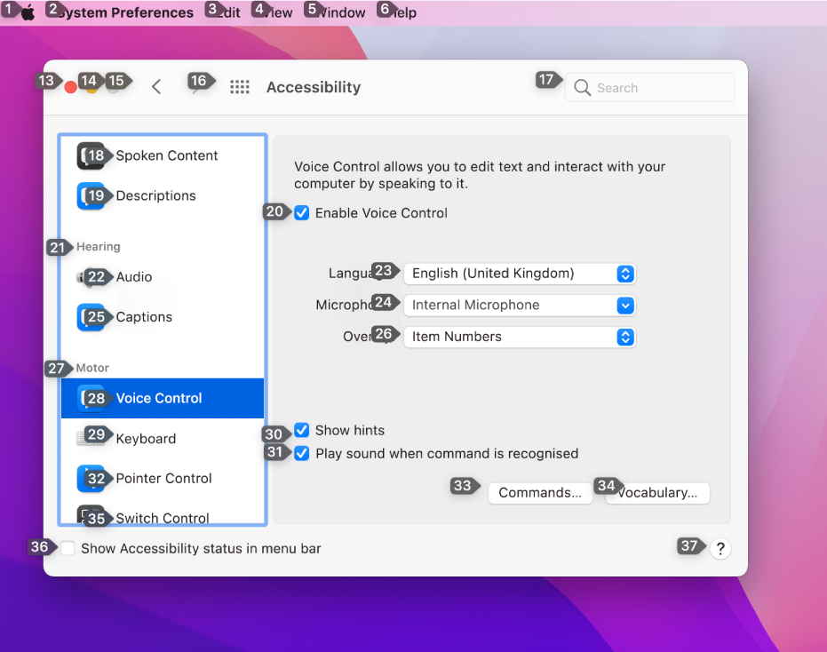 The left portion of the menu bar showing a number next to each item in the menu bar. Below is the Voice Control pane of Accessibility preferences showing a number next to each UI control.