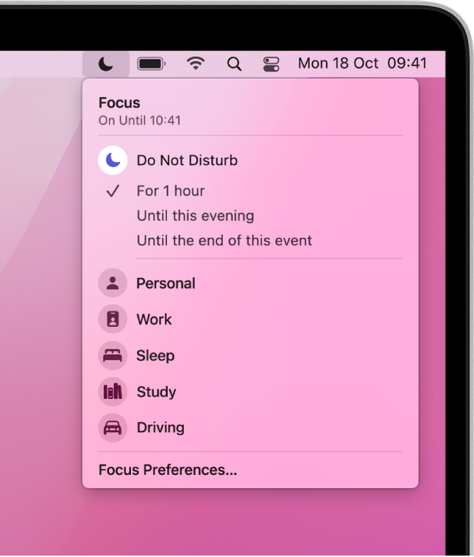 The Focus status menu open to show the Focus list, including Personal, Work, Study and others. Do Not Disturb is at the top of the list and is on for one hour.