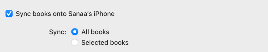 The “Sync books onto [device]" tickbox is selected. Below that, “All books” is selected to the right of Sync, above “Selected books”.