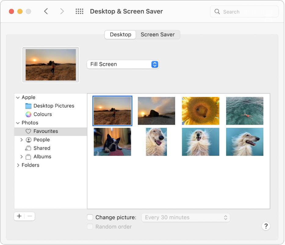 The Desktop pane of Desktop & Screen Saver preferences. On the left of the pane, the Photos Favourites folder is selected; on the right, a photo is selected as the desktop picture