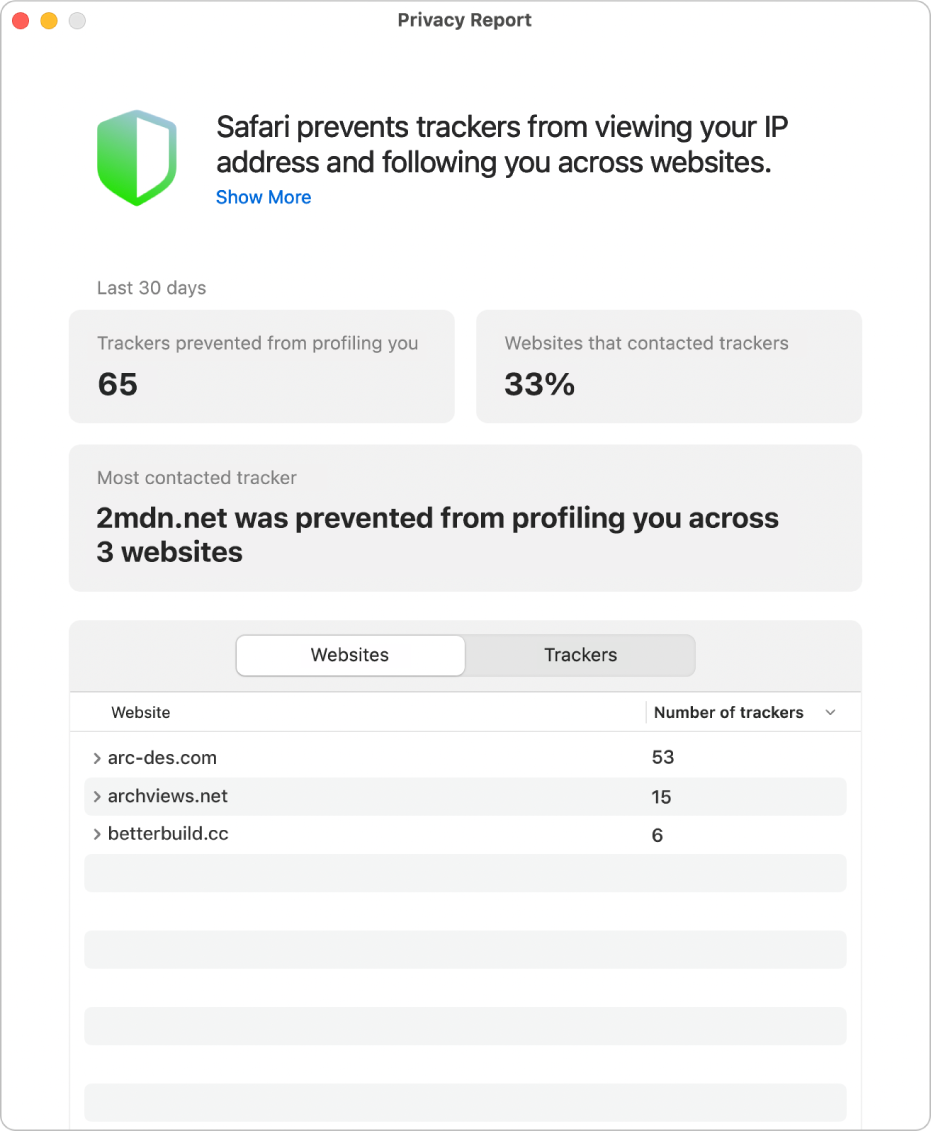 A Safari Privacy Report.