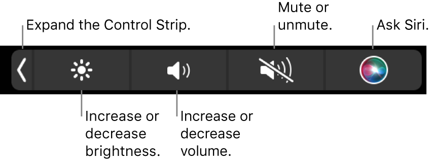 The collapsed Control Strip includes buttons — from left to right — to expand the Control Strip, increase or decrease display brightness and volume, mute or unmute, and use Siri.