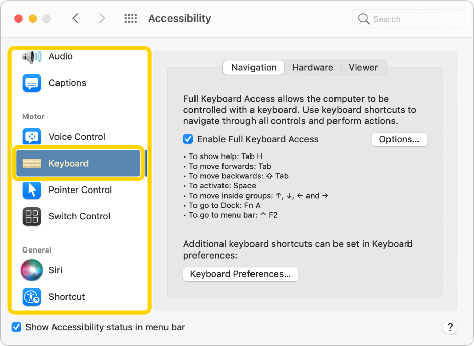 The Keyboard Navigation pane of Accessibility preferences showing Full Keyboard Access enabled. In the list of panes in the sidebar, Keyboard has focus and is highlighted by Full Keyboard Access.