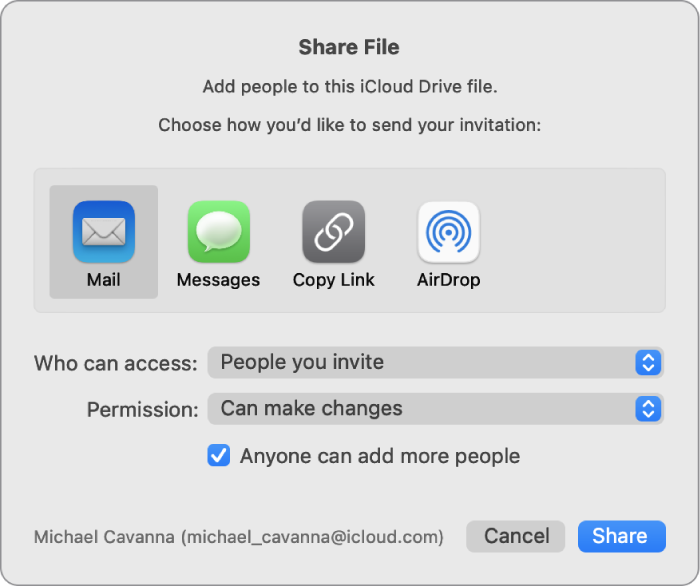 Share File window showing apps that you can use to make invitations and the options for sharing documents.