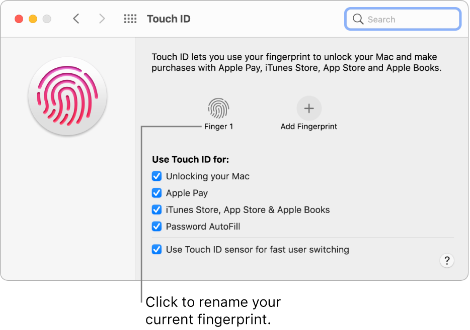 The Touch ID preference pane showing a fingerprint is ready and can be used to unlock the Mac.