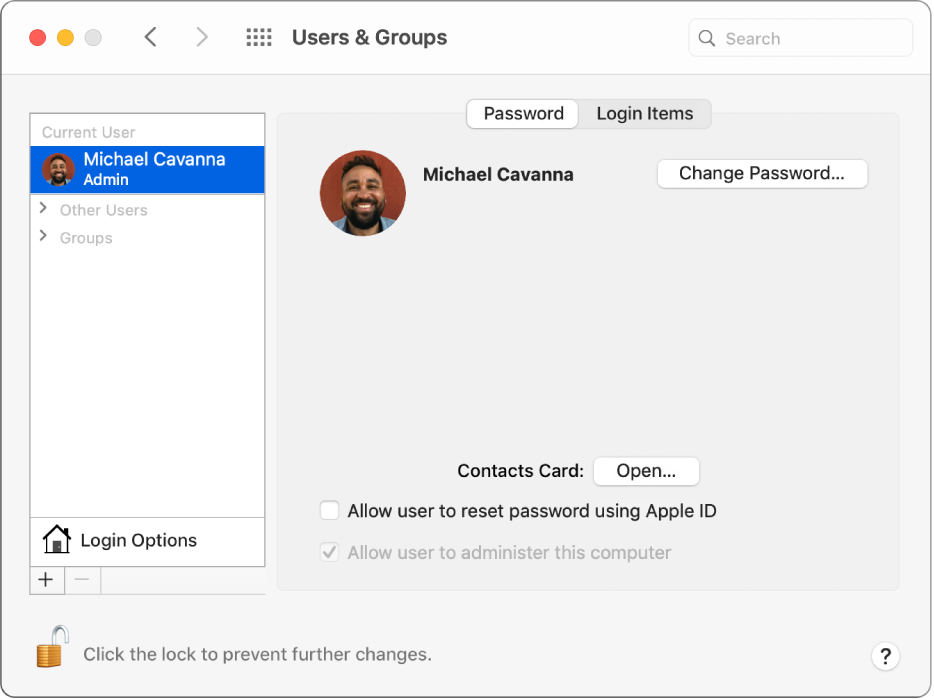 Users & Groups preferences for a selected user. At the top of the pane are the Password and Login Items tabs. Below that is the username and the Change Password button. At the bottom is an Open button for opening the user’s Contacts card, an option that allows you to reset your password using your Apple ID and an option that allows you to administer the computer.