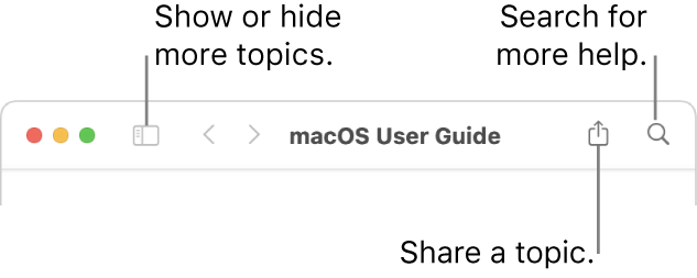 A help window showing the buttons in the toolbar to hide or show the Table of Contents and share a topic, and the search field to search for topics.