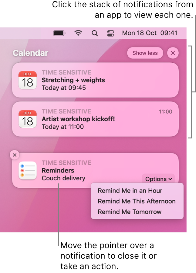 App notifications in the upper-right corner of the desktop, including an open stack of two Reminders notifications with a “Show less” button to collapse the stack, and one Calendar notification with a Snooze button.
