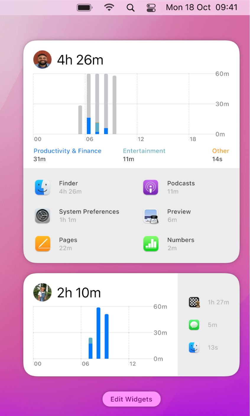 A desktop showing two Screen Time Daily Activity widgets in Notification Centre.