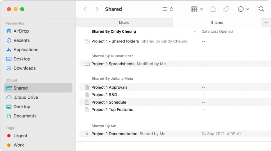 Finder window showing the Shared folder selected in the sidebar and items on the right ordered by the sender of who shared them.