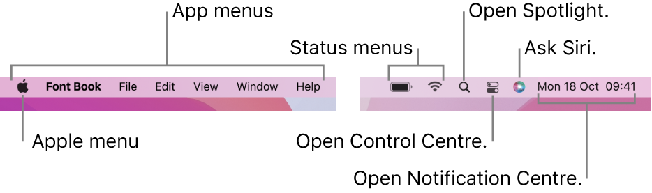 The menu bar. On the left are the Apple menu and app menus. On the right are status menus, Spotlight, Control Centre, Siri and Notification Centre.