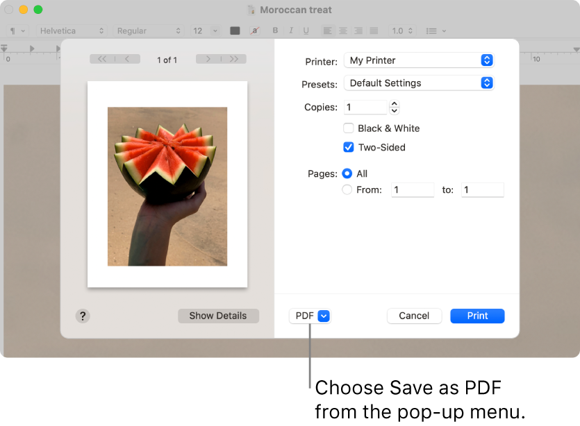 Click the PDF pop-up menu, then choose Save as PDF.