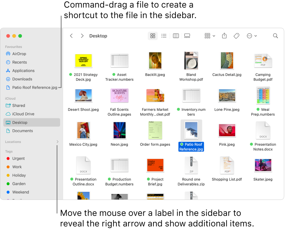 To the right of Locations in the Finder sidebar is an arrow to click to show additional items. In the Finder window on the right, a file is selected and a shortcut to the file is in the sidebar, below Favourites.