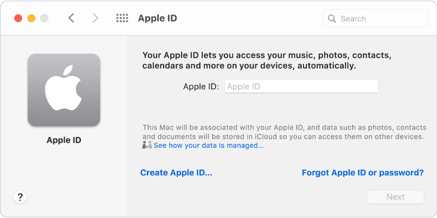 Apple ID dialogue ready for entry of an Apple ID. A Create Apple ID link allows you to create a new Apple ID.