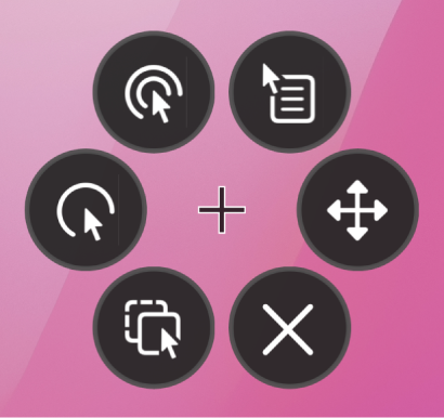 The circular Options menu, whose buttons include, from the top right and moving clockwise, Right Click, Scroll Menu, Close, Drag and Drop, Left Click and Double Click.