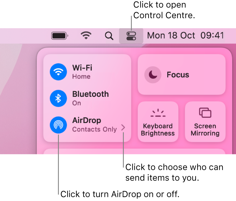 A Control Centre window showing the controls to turn AirDrop on or off and choose who can send items to you.