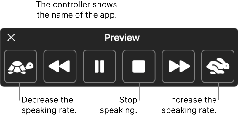 The onscreen controller that can be shown when your Mac speaks selected text. The controller provides six buttons that, from left to right, let you decrease the speaking rate, skip back one sentence, play or pause the speaking, stop the speaking, skip forward one sentence and increase the speaking rate. The name of the app is shown at the top of the controller.