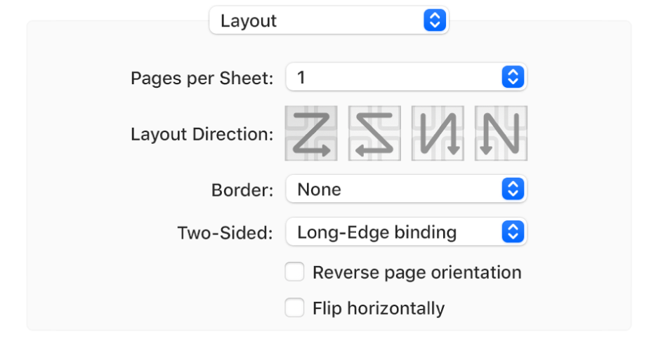 The Layout option chosen in the print option pop-up menu, with the Reverse page orientation tickbox.