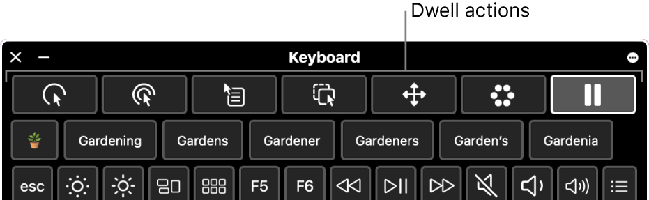 Dwell action buttons located across the top of the Accessibility Keyboard.