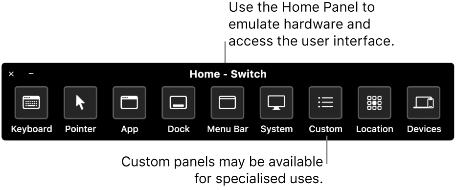 The Switch Control Home Panel provides buttons to control, from left to right, the keyboard, pointer, app, Dock, menu bar, system controls, custom panels, screen location and other devices.