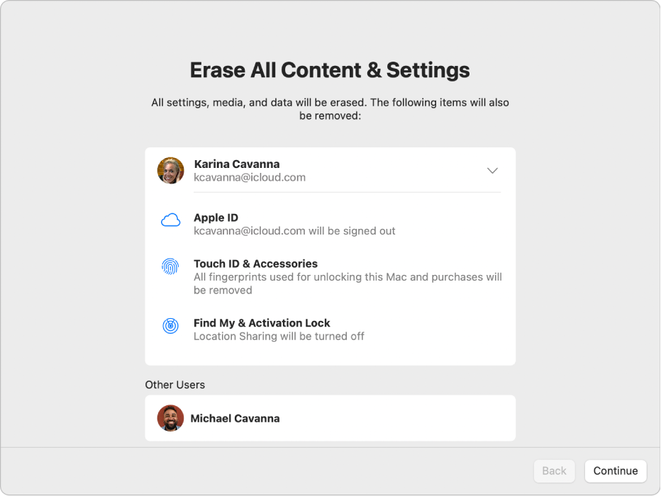 The Erase All Content & Settings pane of Erase Assistant. The arrow to the right of the current user account has been clicked to show additional items that will be erased, such as all fingerprints used for unlocking the Mac and purchases. Below the current user account, a second user account that will be erased is shown.