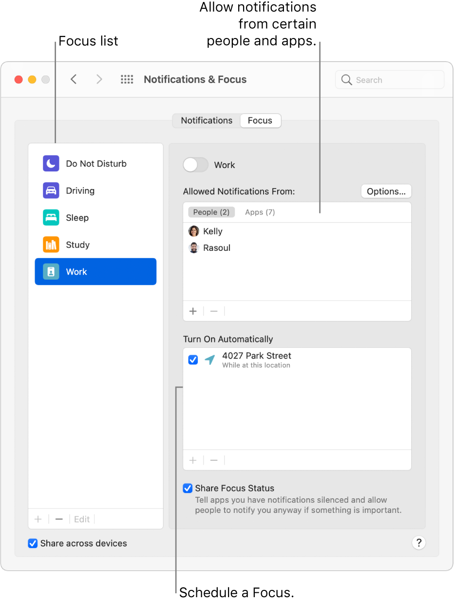 Focus preferences showing the Focus list on the left, with the Work Focus selected. On the right at the top is the list of people whose notifications are allowed when the Work Focus is active. Below is the location-based schedule that automatically turns the Work Focus on.