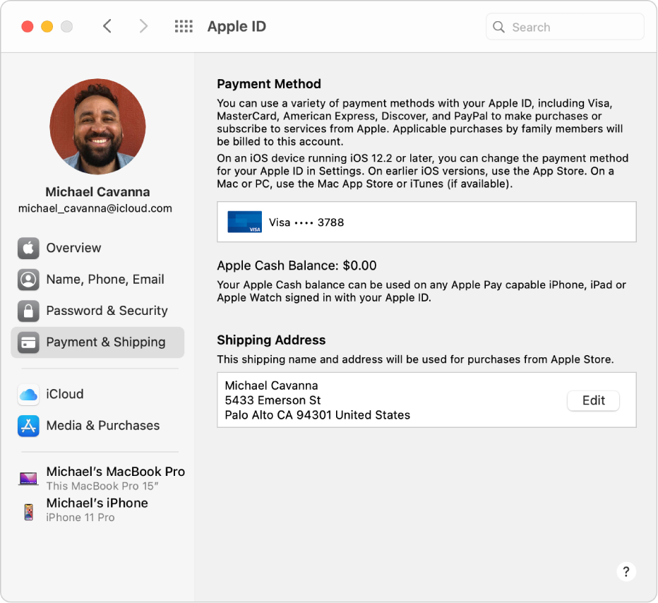 Apple ID preferences showing a sidebar of different types of account options you can use and the Payment & Shipping preferences for an existing account.