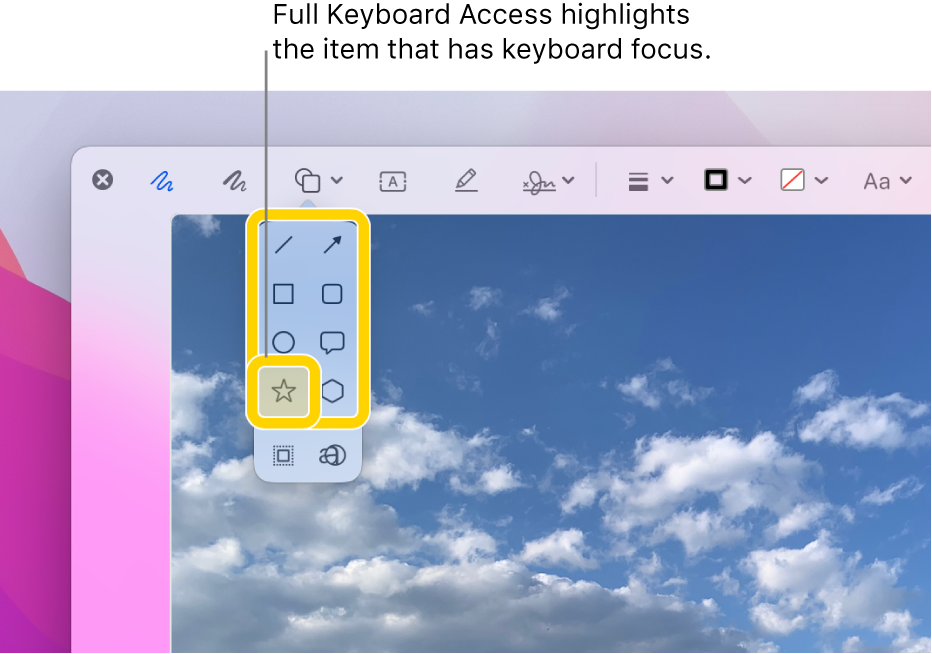 The Quick Look window with the Markup toolbar shown. The Shapes tool is expanded to show the options. Full Keyboard Access has outlined the tool that has focus and the group that contains it.