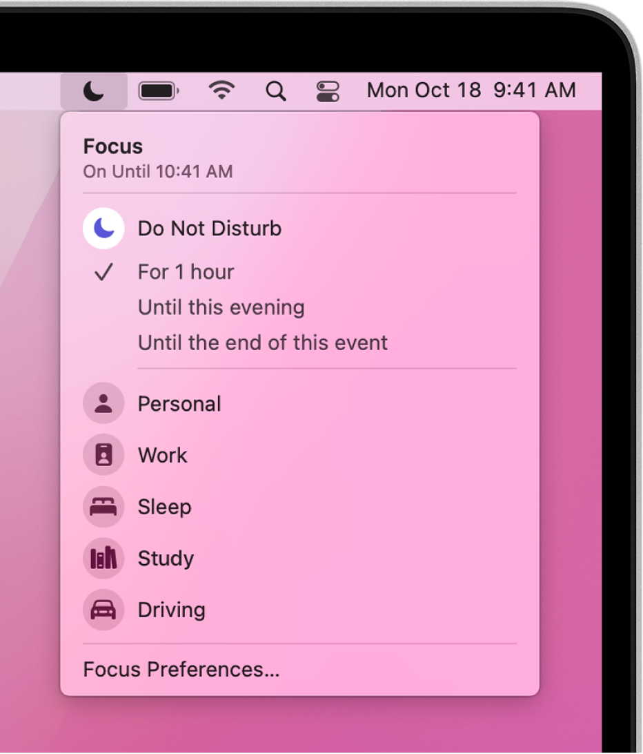 The Focus status menu open to show the Focus list, including Personal, Work, Study, and others. Do Not Disturb is at the top of the list and is on for one hour.