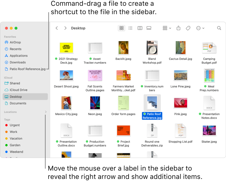 To the right of Locations in the Finder sidebar is an arrow to click to show additional items. In the Finder window on the right, a file is selected, and a shortcut to the file is in the sidebar, below Favorites.