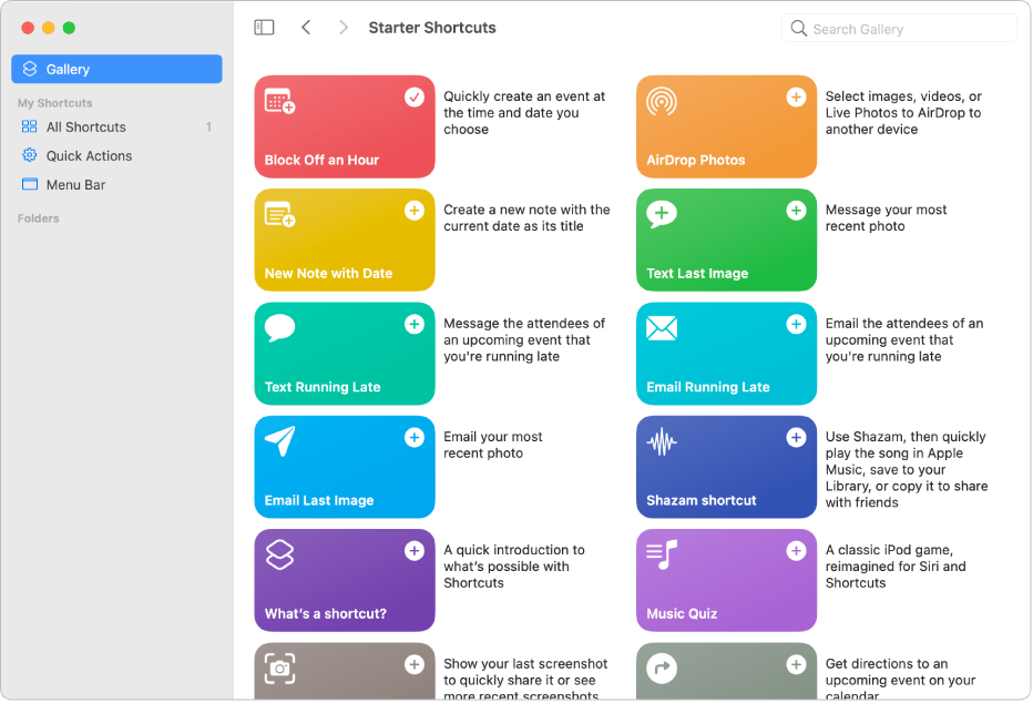 The Shortcuts window with the Gallery list of starter shortcuts.