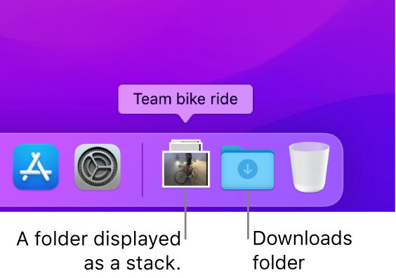 The right end of the Dock showing a folder that’s displayed as a stack and the Downloads folder displayed as a folder.