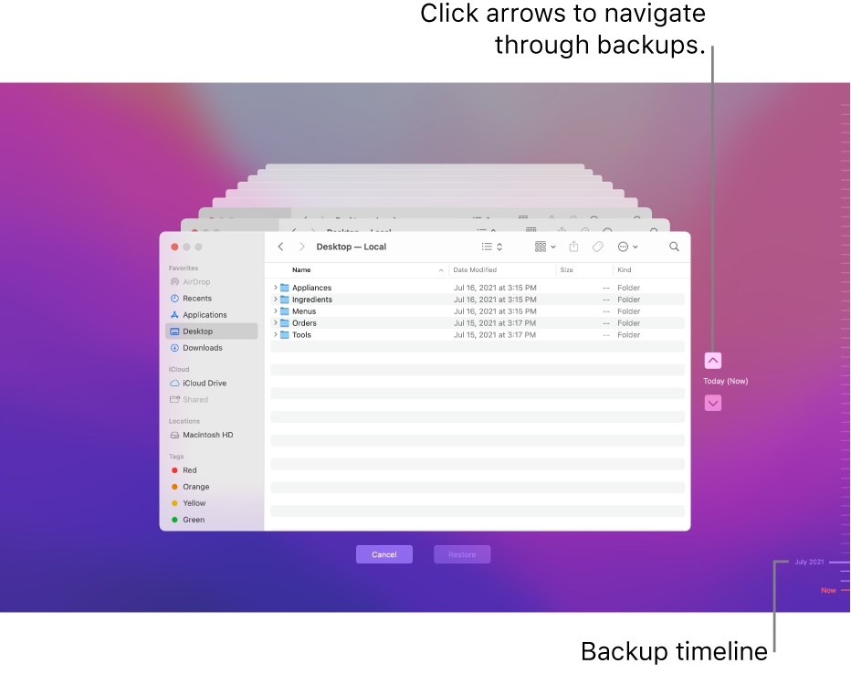 When you open Time Machine, you see a blurred screen with multiple Finder screens stacked to represent backups. Click the arrows to navigate through your backups (or click in the backup timeline on the right), and choose which files to restore.