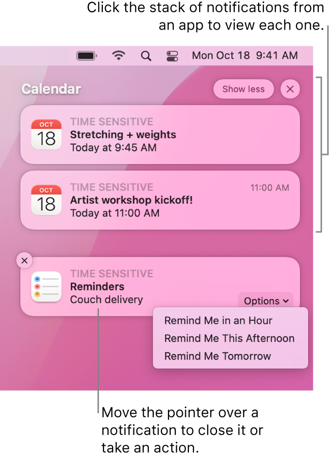 App notifications in the upper-right corner of the desktop, including an open stack of two Reminders notifications with a “Show less” button to collapse the stack, and one Calendar notification with a Snooze button.