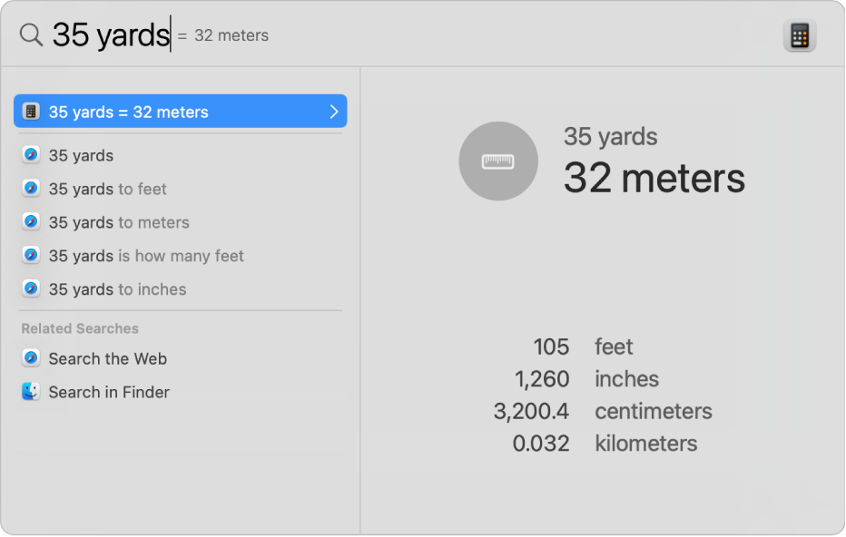 The Spotlight window showing a conversion of yards to meters in the search field. On the left is a list of search results. Additional conversions are shown in the preview on the right.