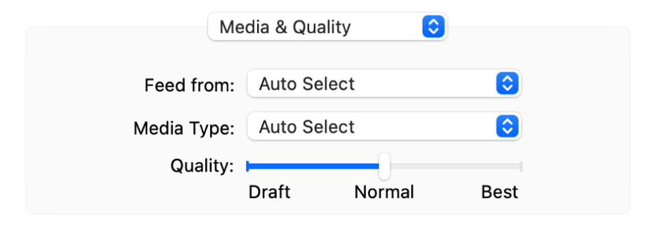 The Media & Quality option showing the “Feed from” and Media Type pop-up menus and a Quality scale slider.
