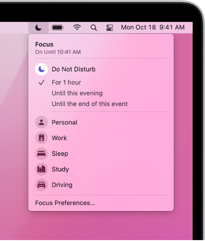 The Focus status menu open to show the Focus list, including Personal, Work, Study, and others. Do Not Disturb is at the top of the list and is on for one hour.