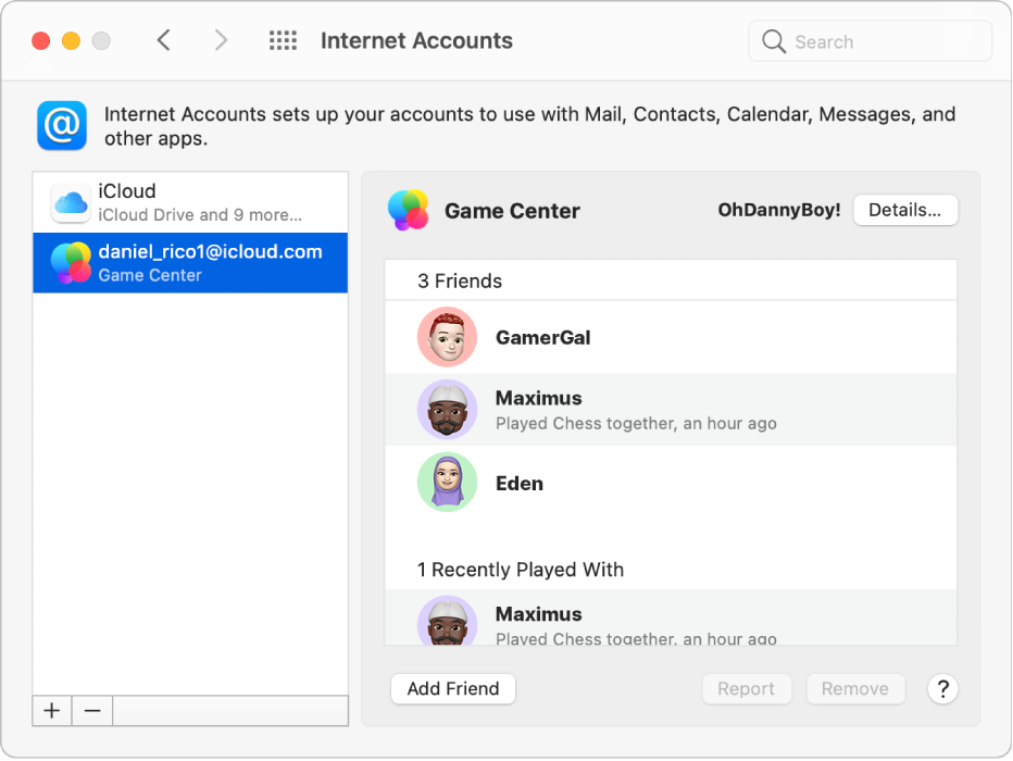 A Game Center account selected in Internet Accounts, with gaming friends listed on the right.