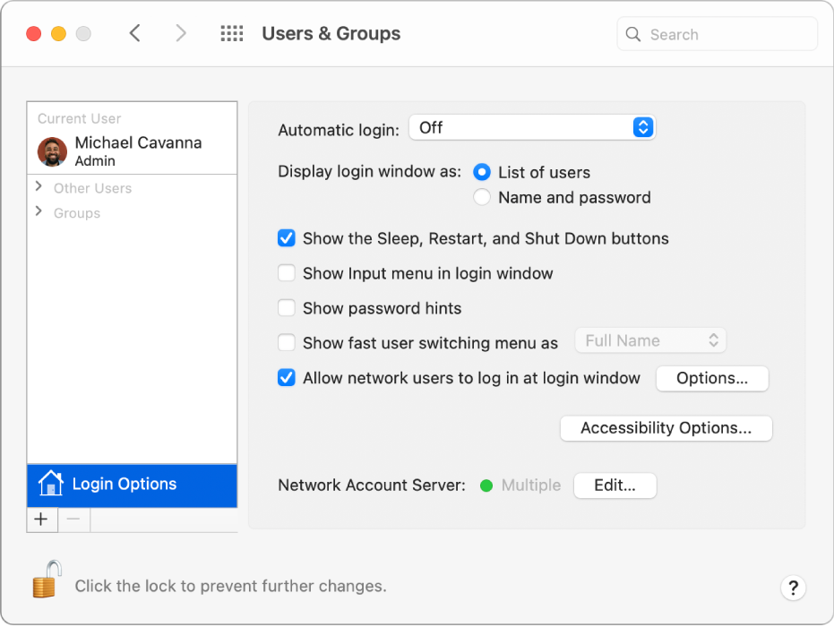 The Login Options pane in Users & Groups preferences, where you can select options to customize how a user logs in.