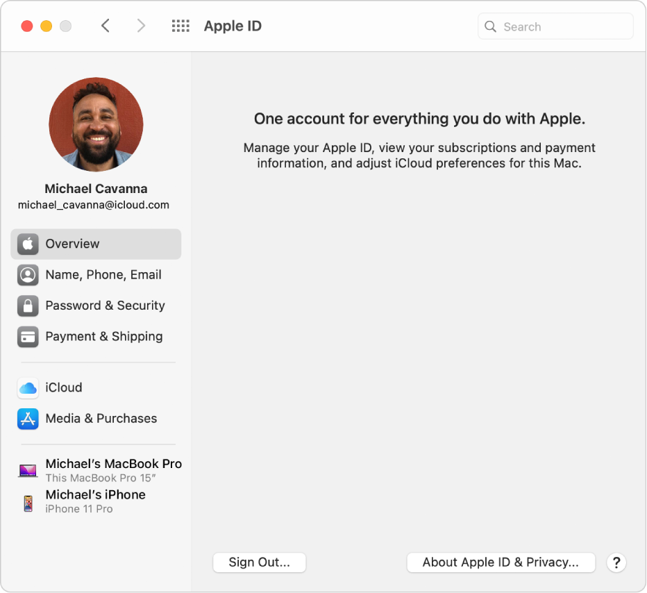 Apple ID preferences showing a sidebar of different types of account options you can use and the Overview preferences that shows a Sign Out button.