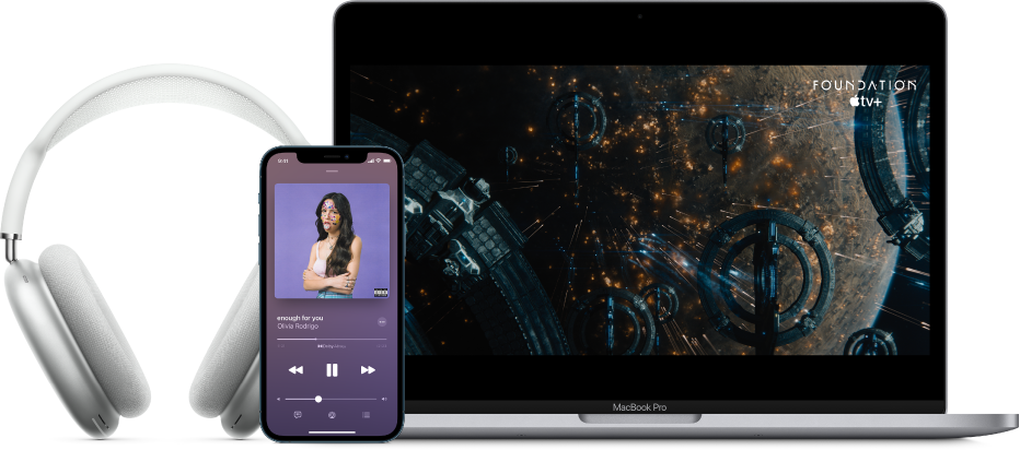 AirPods Max on the left, an iPhone playing a song in Apple Music, and, on the right, a Mac playing a TV show in the Apple TV app.
