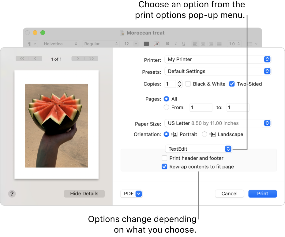 The Print dialog showing advanced print settings, with the print options pop-up menu near the middle of the dialog. The print options below the pop-up menu change depending on which option you choose.