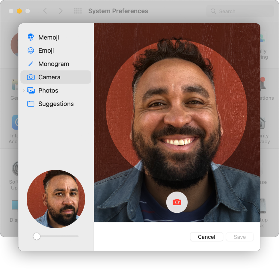 The Apple ID picture dialog with Camera selected in the sidebar and a person posed in the viewfinder on the right.