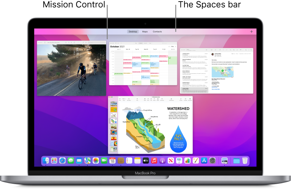Several open windows arranged in one layer in Mission Control, with the Spaces bar at the top of the screen.